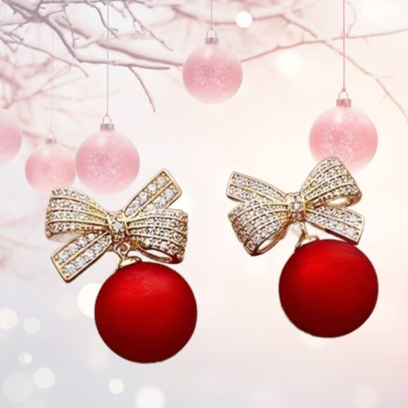 Red Christmas Ball Earrings Gold Crystal Bows - Picture 3 of 4